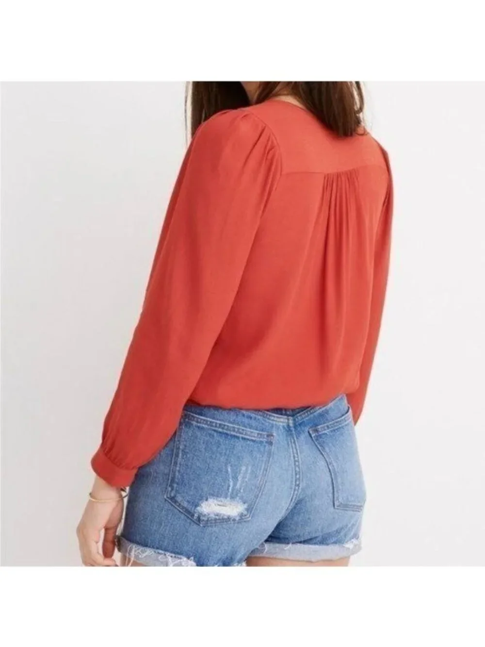 Madewell Women's Medium Bright Ember Orange Silk 3/4 Sleeve Wrap Blouse